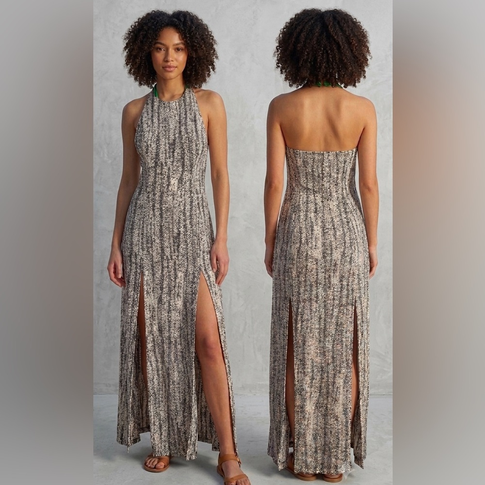 Sachin + Babi snake print halter neck open back maxi dress, size 2